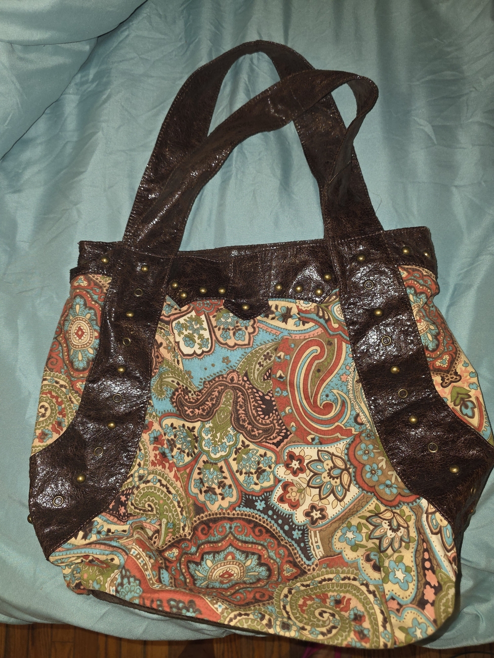 Paisley Canvas Tote with Dark Brown Faux Leather Trim